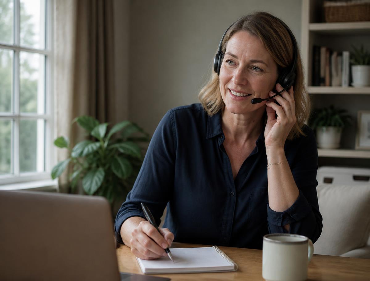 A licensed insurance agent taking a homeowner's call from a sunlit home office
